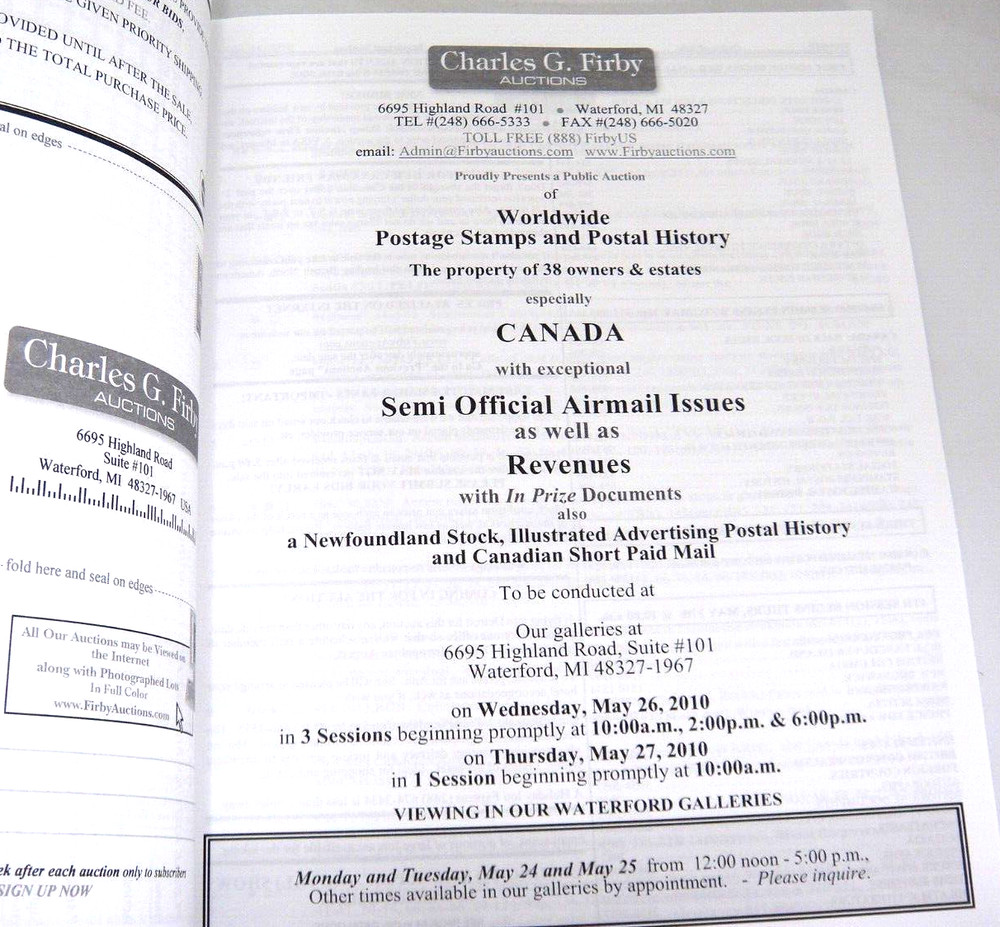 Firby Stamp Auction Catalog 2010 2 Volumes Canada Airmail Revenues Short Paid