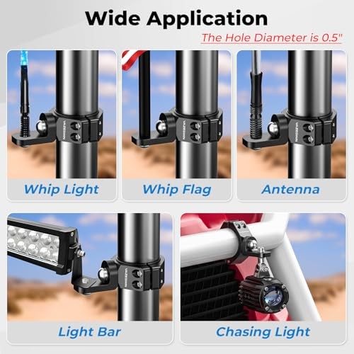 2PCS Solid UTV Whip Light Mount, Aluminium Alloy Thickened UTV Flag Mount,