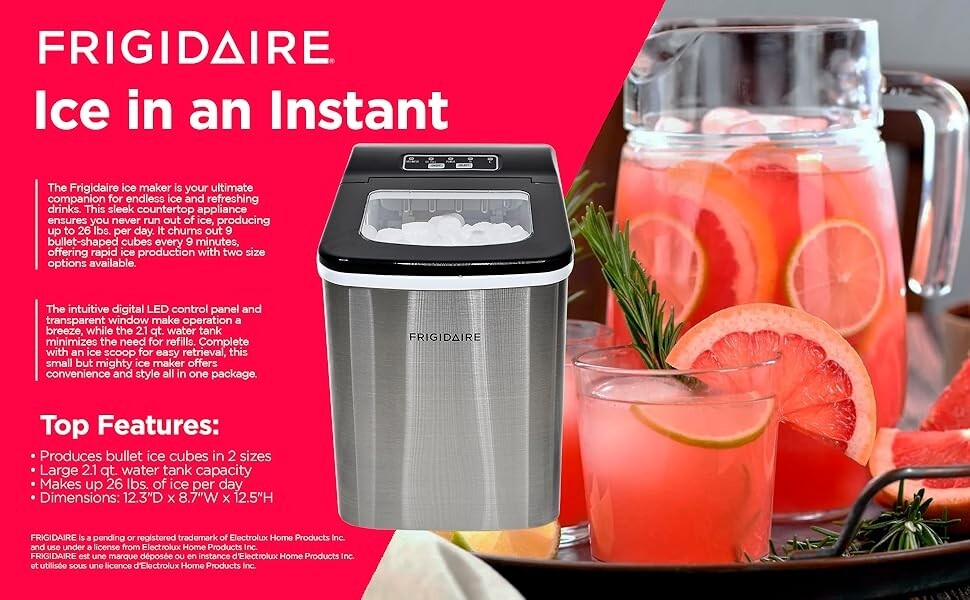 Frigidaire 26 Lbs per day Portable Compact Ice Maker Making Machine, Stainless
