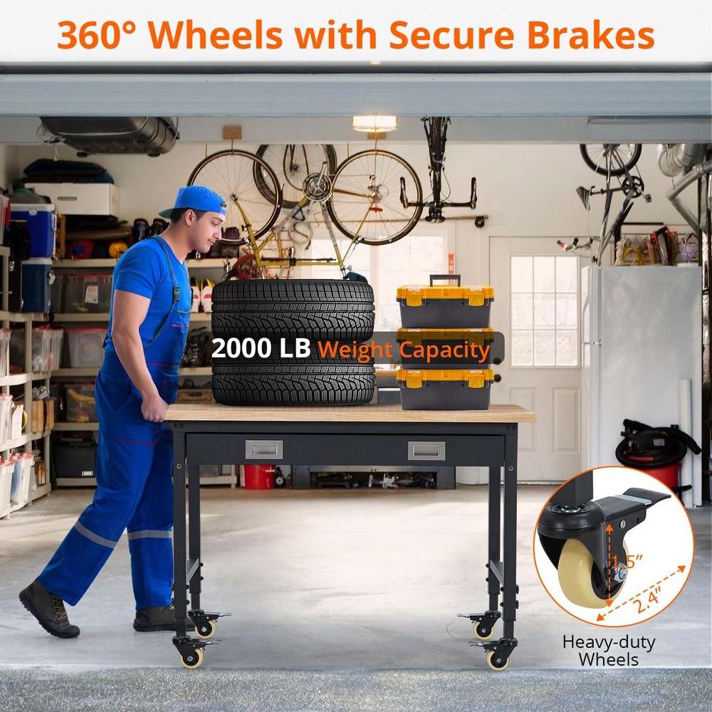 🔥48" Adjustable Workbench for Garage Worktable with Drawer 2000 LBs Load Capaci