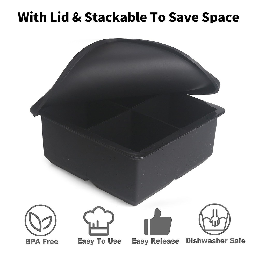 Large Silicone Ice Cube Tray with Lid (2.5-Inches), Stackable Square Ice Cube...
