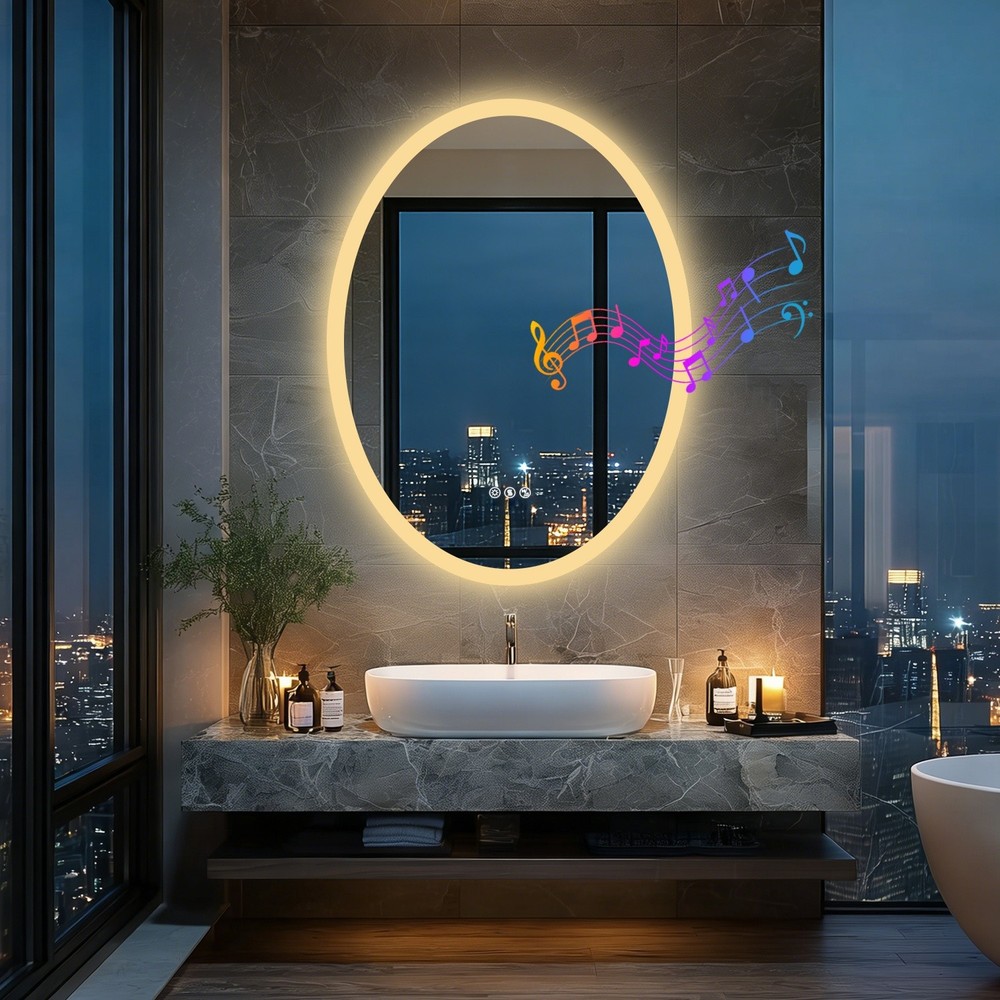 Oval LED Bathroom Bluetooth Mirror Touch Antifog Memory 3 Color Light Adjustable