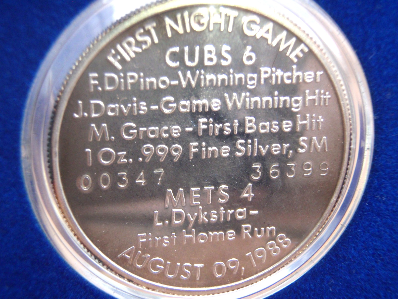 VTG:1st NIGHT GAME@ WRIGLEY FIELD CHICAGO CUBS 1 oz .999 SILVER COIN-AUG 9, 1988