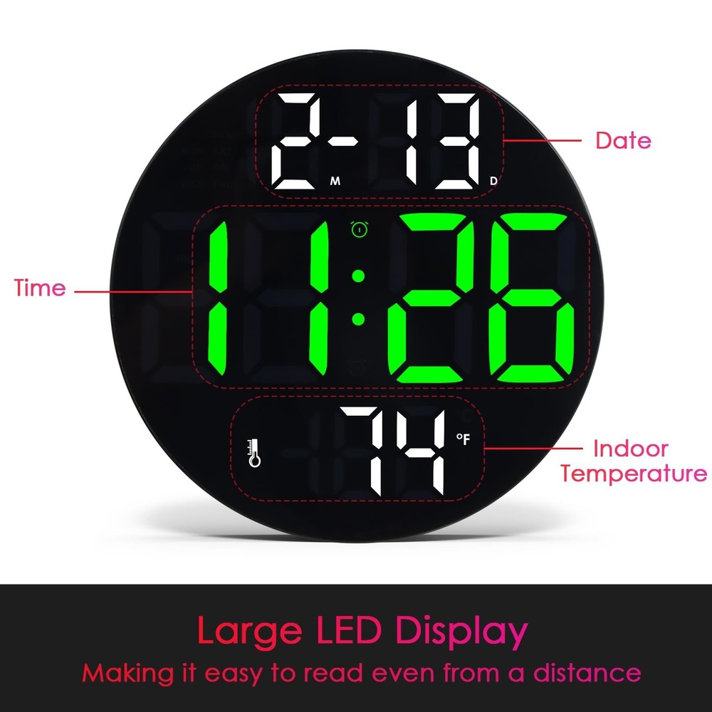 Digital Wall Clock with Large LED Display, 5-Brightness, Temperature, Low-Ref...
