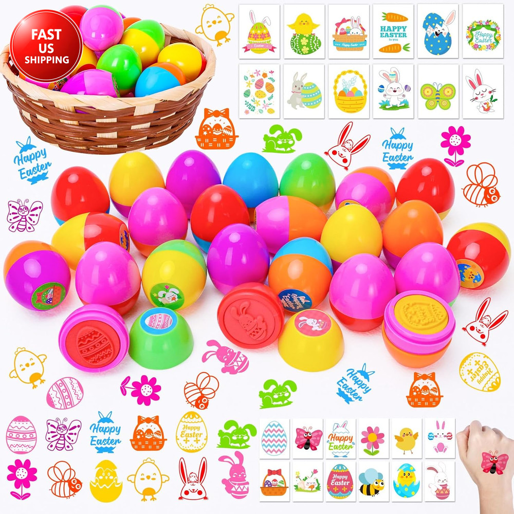 24Pcs Easter Egg Stampers Prefilled Easter Egg Stamps with 24Pcs Easter Stickers
