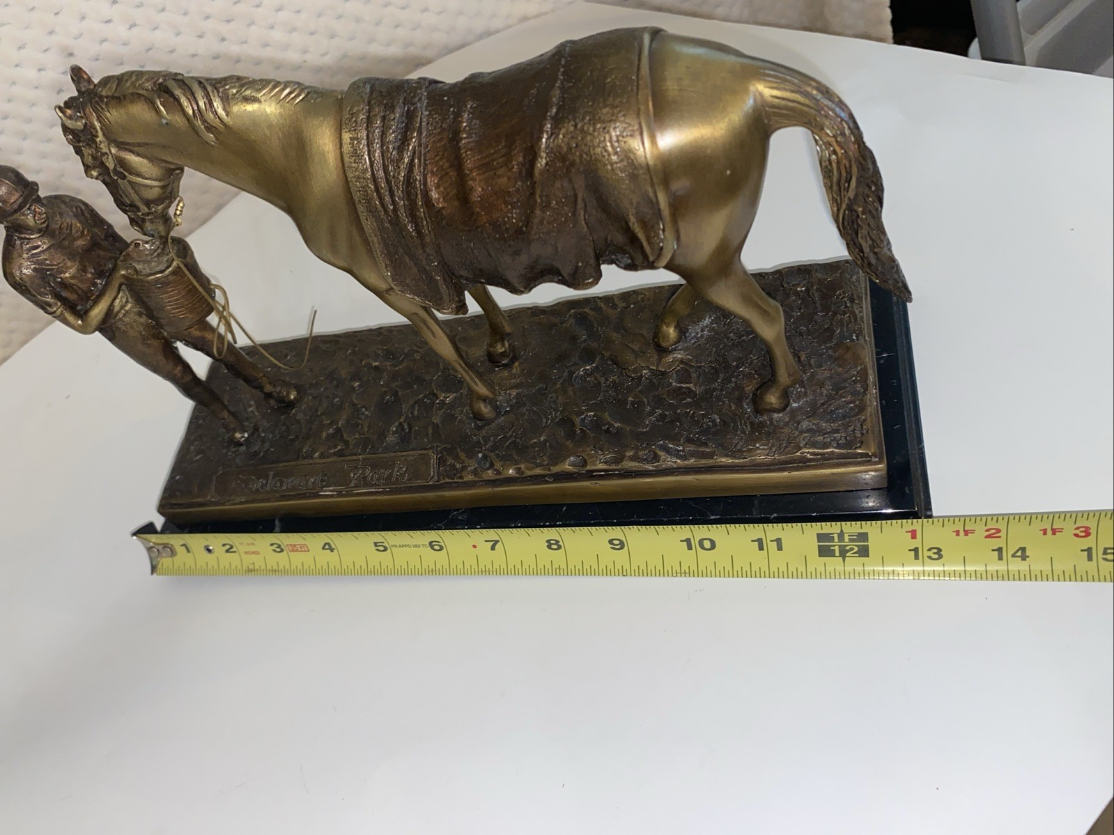 Delaware Park Bronze Sculpture Feeding Horse with Jockey on Marble Base Vintage