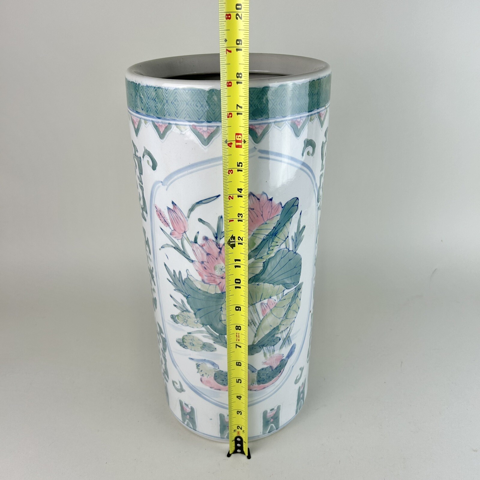 Vintage Ceramic Umbrella Stand 18” Asian Design Floral Birds Flowers
