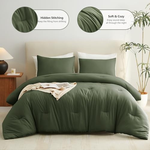 Comforter Set 3 Pieces 120x98 Solid Breathable Oversized King Olive Green