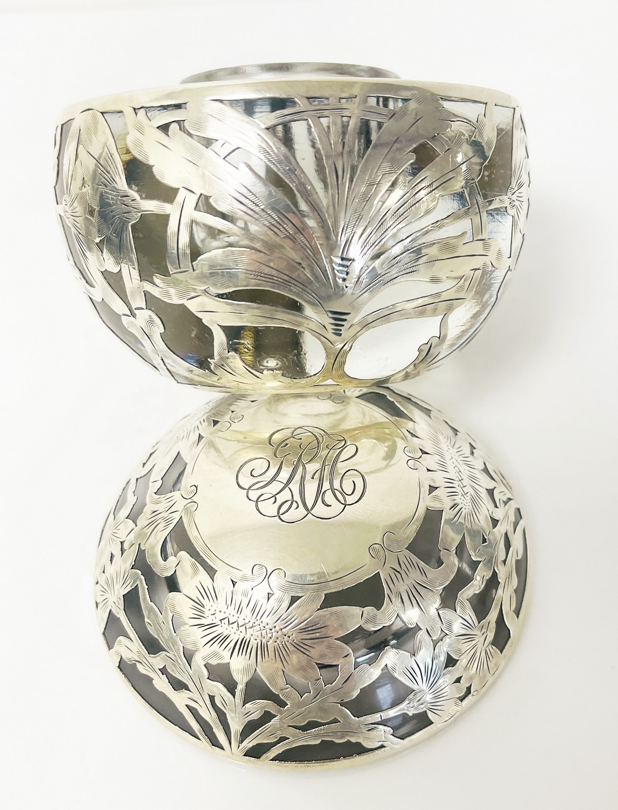 Antique Sterling Silver Overlay Art Nouveau Floral Ball Inkwell Monogram 3.5"