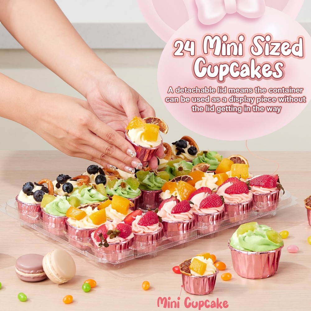 (24 Pack x 15 Sets) Mini Cupcake Containers with 375 Pack Cupcakes Liners, Pl...