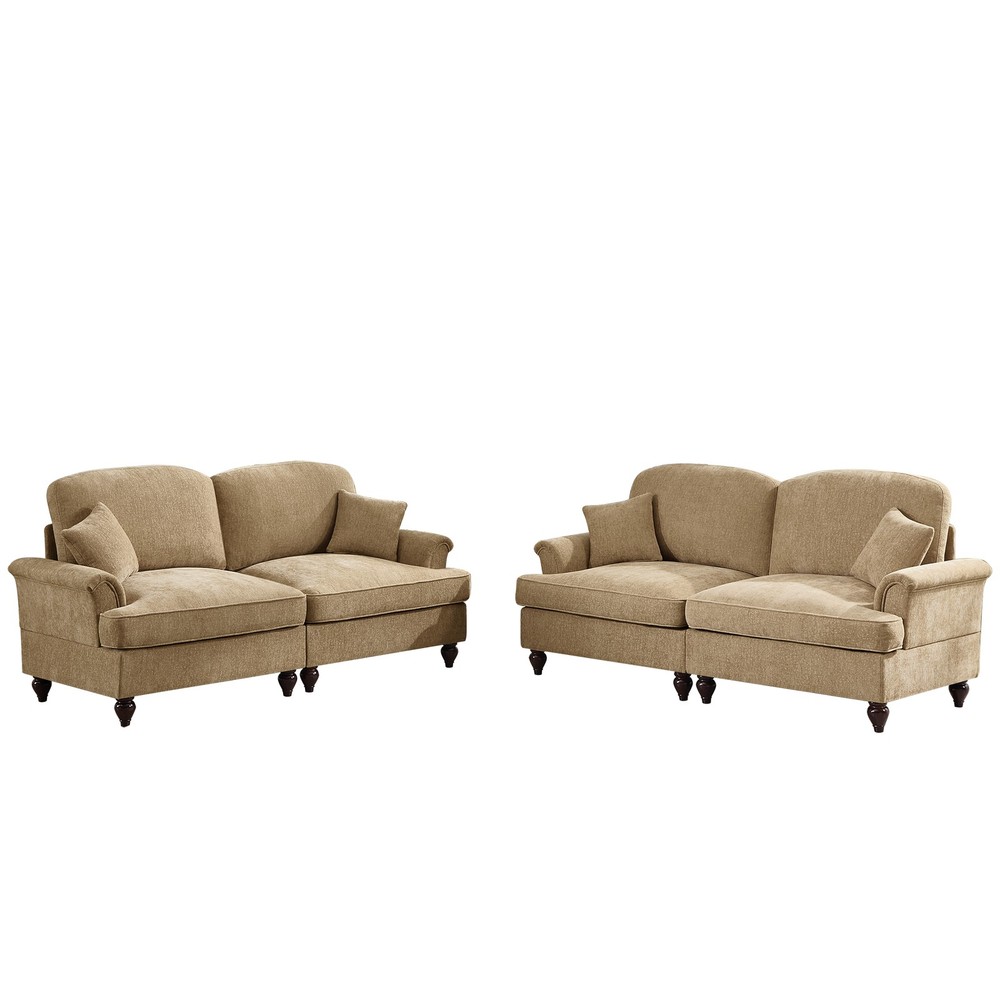 Modular 2-Piece Light Coffee Chenille Sofa Set w Flared Arms