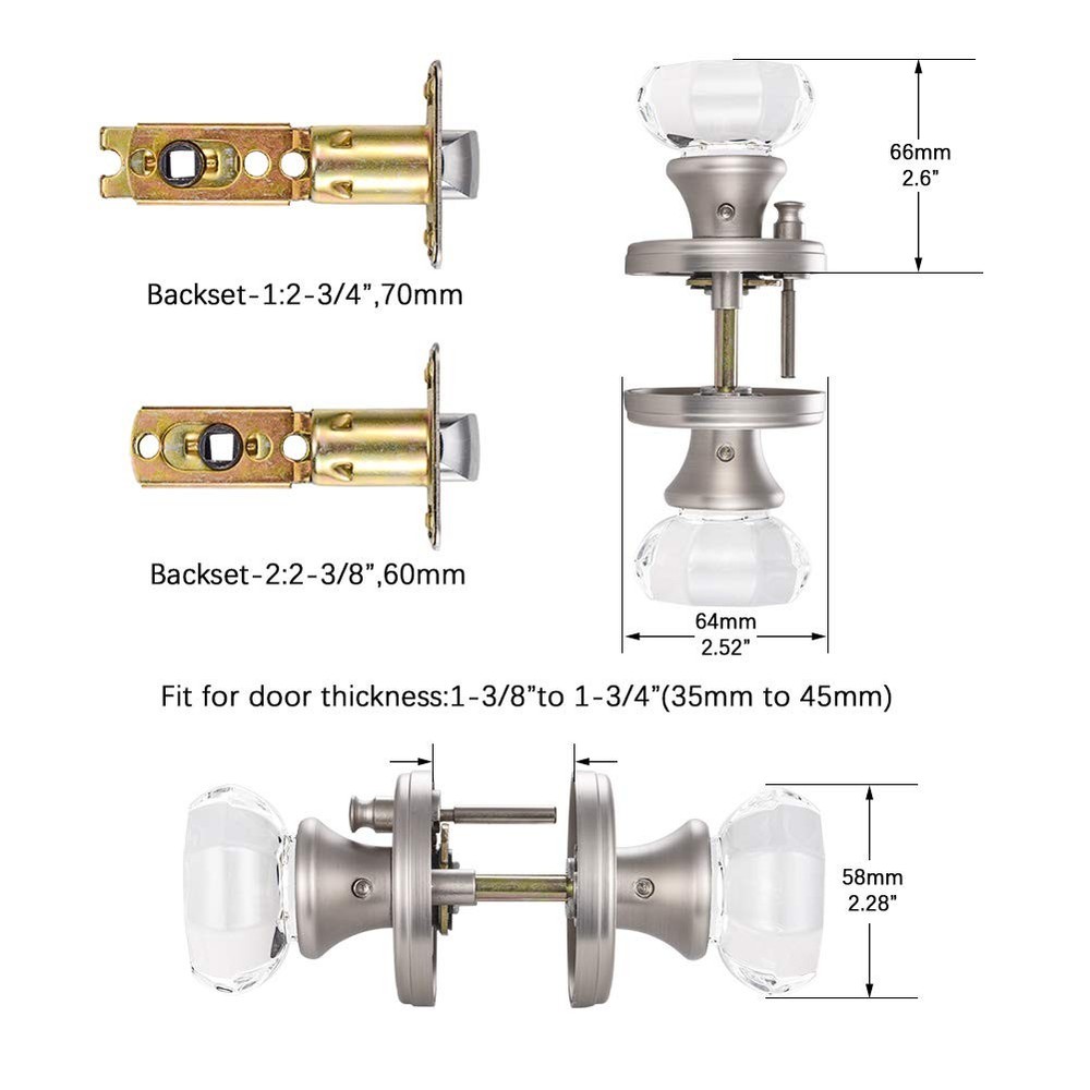 Crystal Glass Door Knobs Interior, Modern .Privacy, Satin Nickel