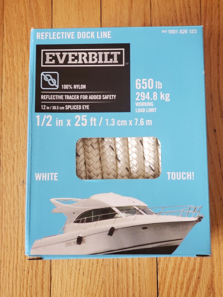 Everbilt 1/2 x 25' Double Braid Dock Line White with Grey Reflective Tracer