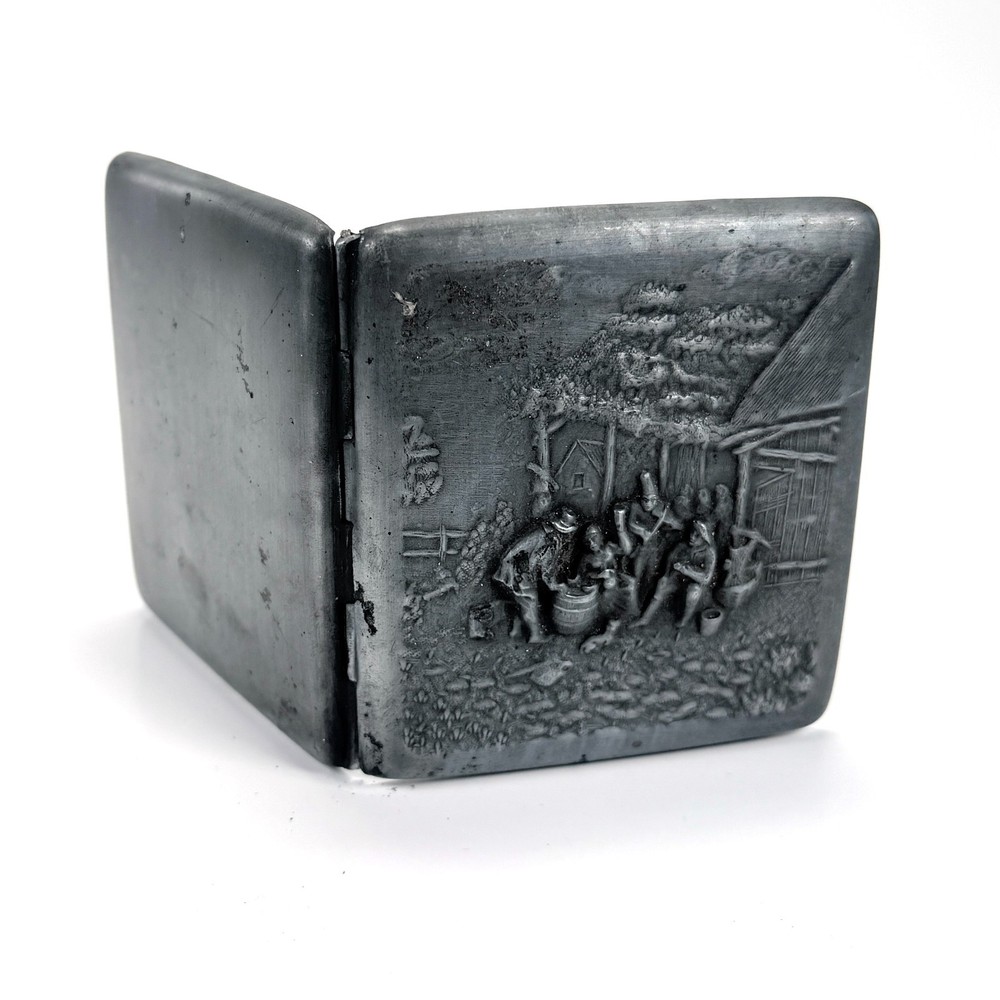 1930s Embossed Metal Cigarette Case Tavern Scene Rustic Cabin