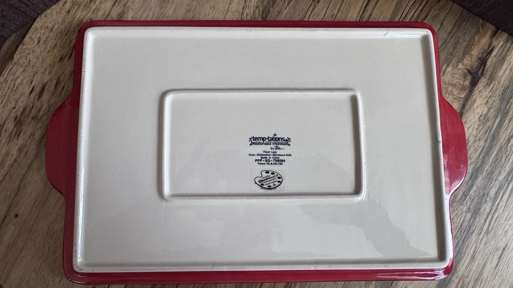 Temp-tations Floral Lace Ceramic Rectangular Platter White Red