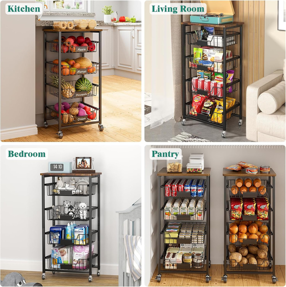 5-Tier Vegetable Fruit Basket Kitchen Storage Rolling Cart on Wheels with Pull-O
