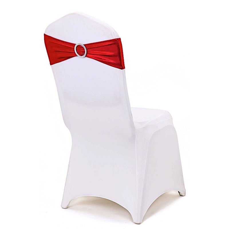 10 Red Metallic Spandex Chair Sashes with Silver Buckles Wedding Decorations