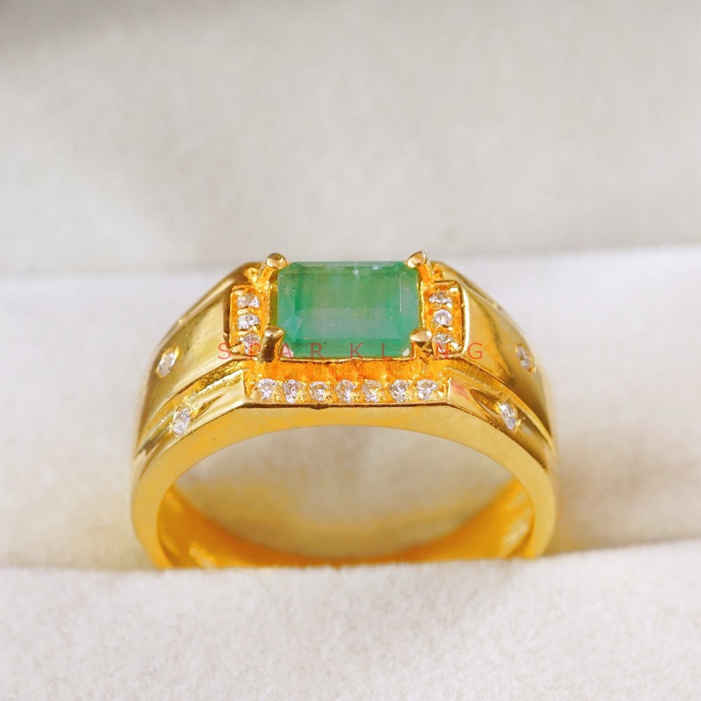 Emerald Octagon Cut With 14K Solid Gold Ring For Men's #E508