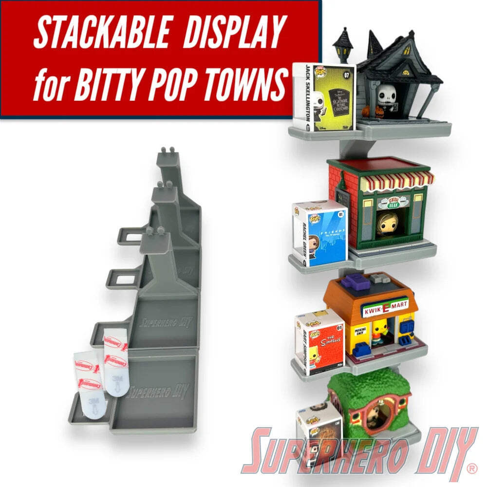 STACKABLE Floating Shelf for Bitty Pop Towns | Includes command strips