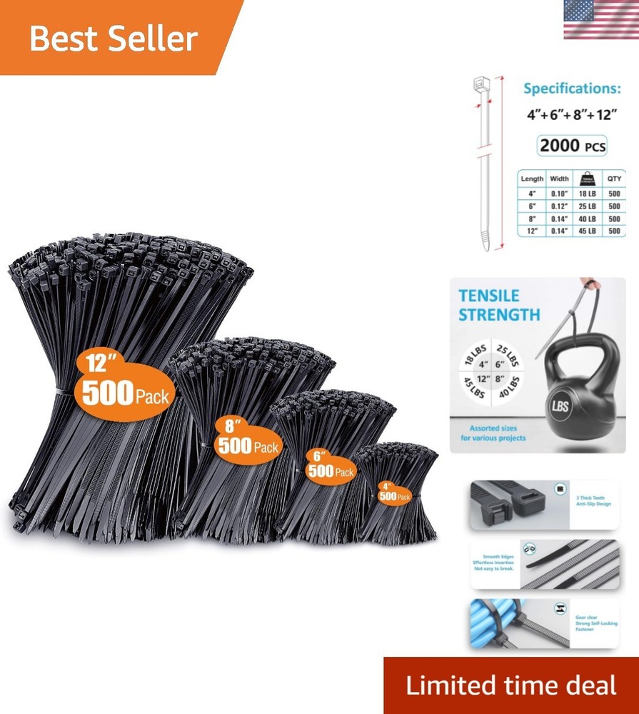 UV Resistant Zip Ties – 2000 Pack in 4”, 6”, 8”, 12” Sizes for Every Use