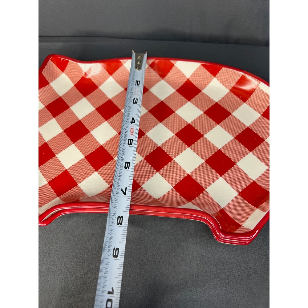 Set of 2 Ceramic Pig Plates Red Gingham Pattern