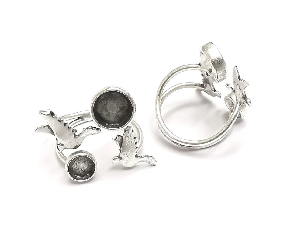 Flying Birds Silver Ring Setting Blank Cabochon Mounting Adjustable Brass