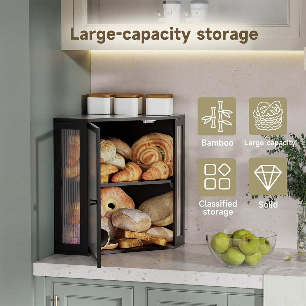 Vellzeyce Corner Bread Box for Kitchen Countertop,Double Extra Large, Black