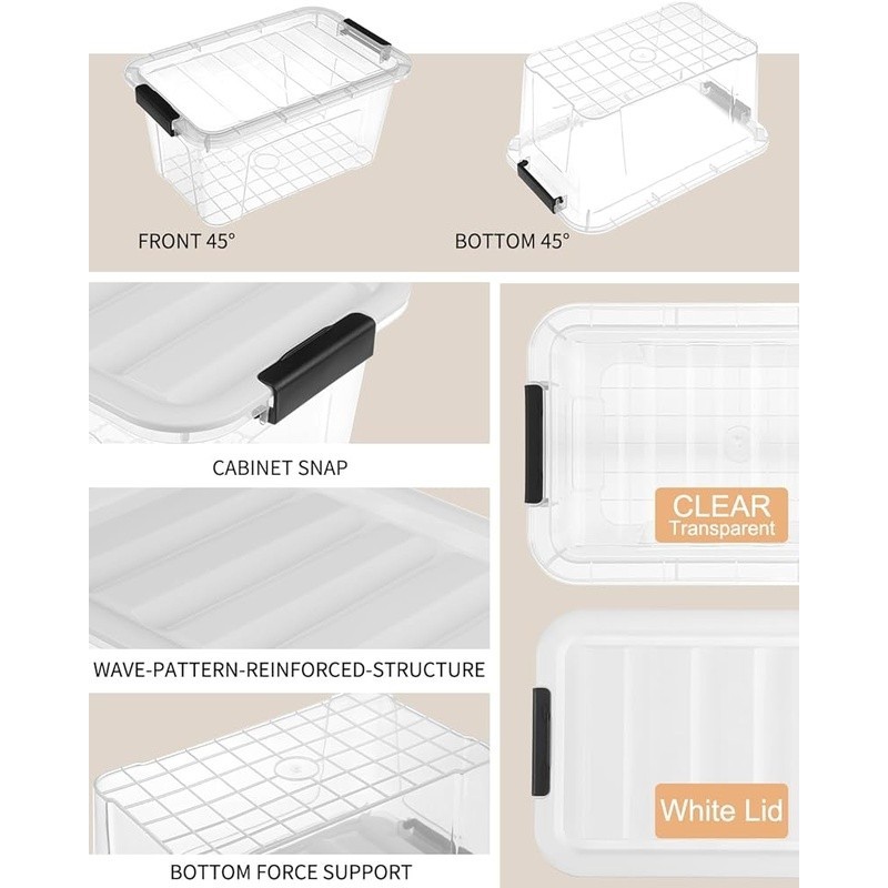 Clear Storage Bins Stackable Plastic Containers W/ Buckle Lids Organizing New