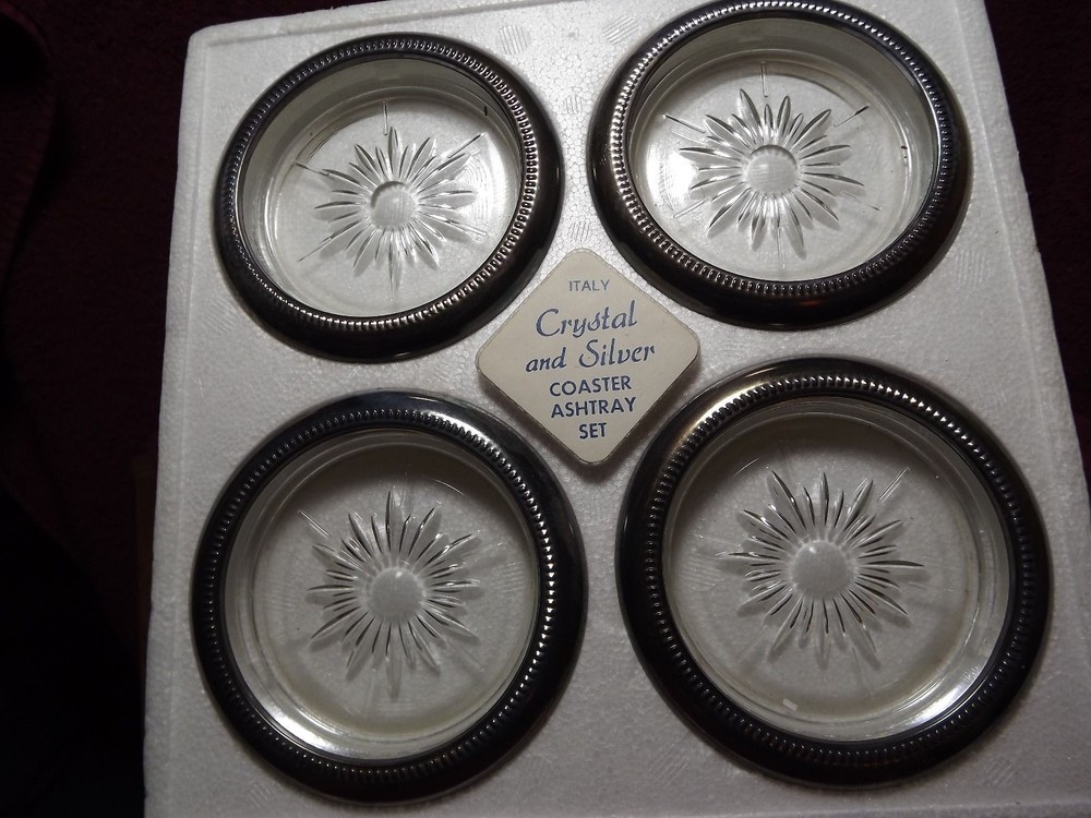 Leonard Crystal & Silver Coster & Ashtray set (Silver plate) # 840