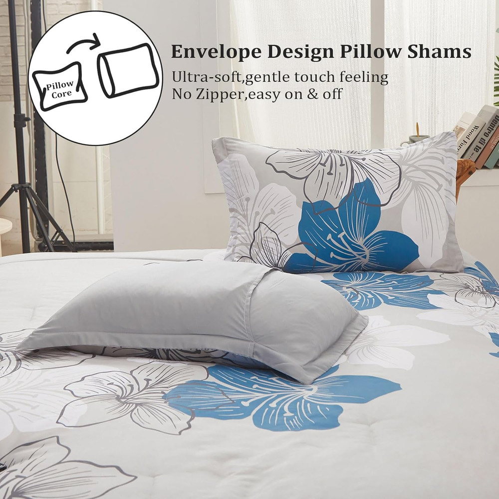 Floral Comforter Set King Blue Flower Pattern Printed on Grey, Soft Microfiber B