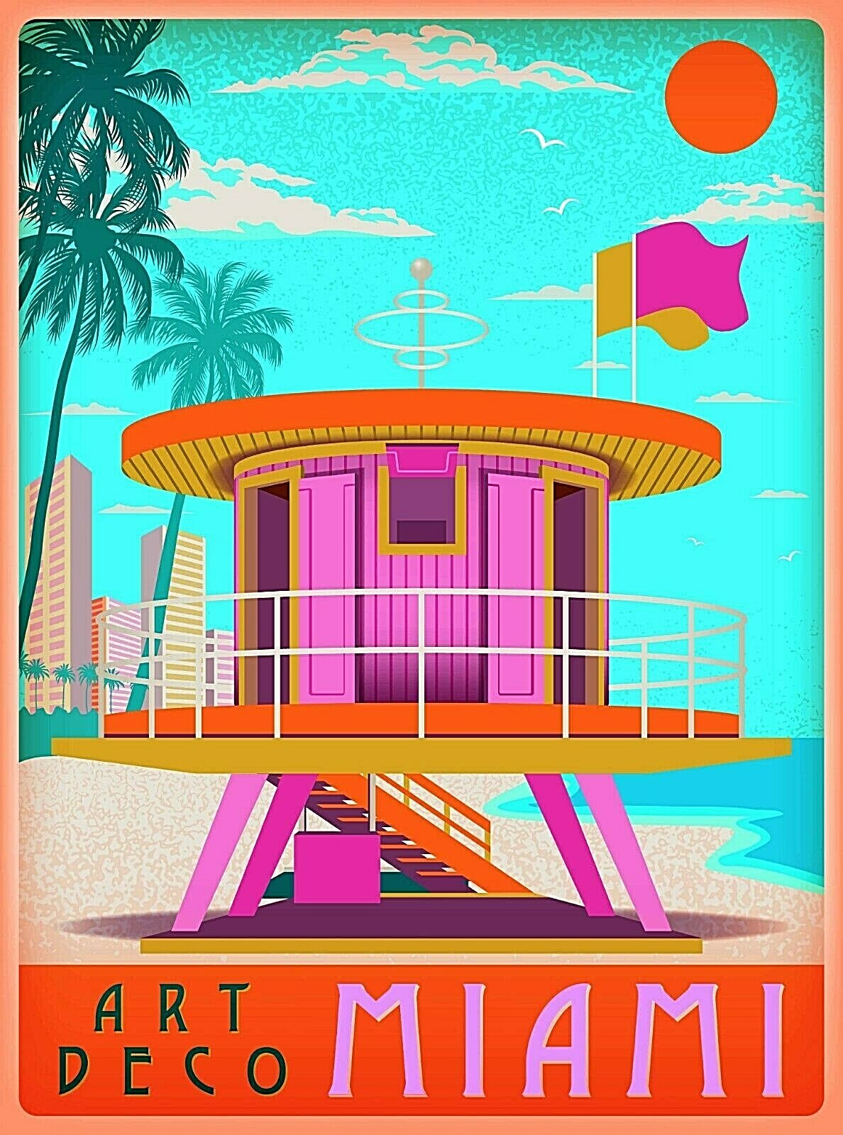 Art Deco Miami Beach Florida Sunny Day Retro Travel Wall Decor Art Poster Print