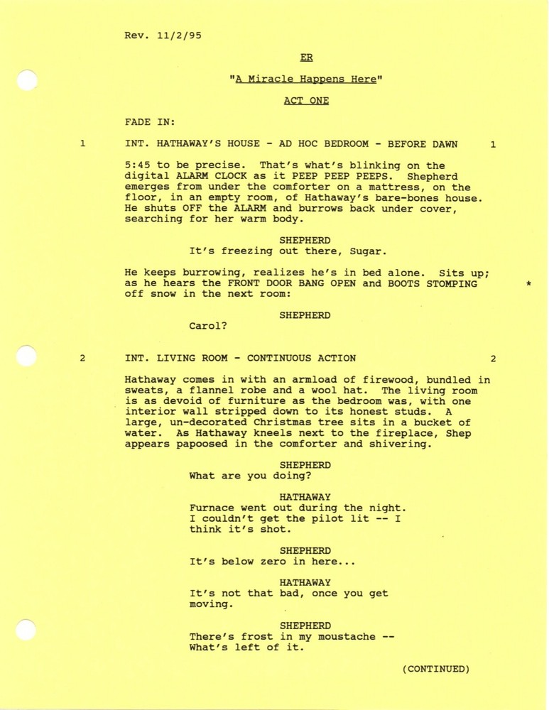 *ER - A MIRACLE HAPPENS HERE (1995) Revised First Draft Script DTD 10/29/95