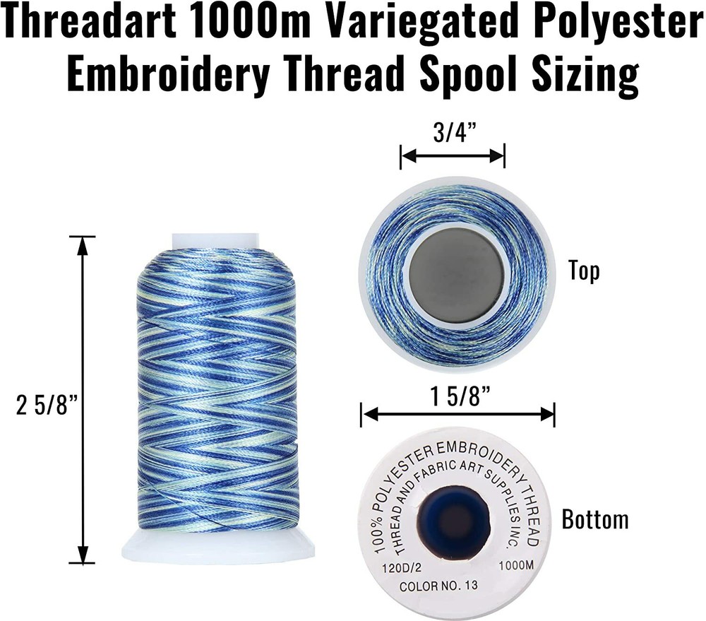 VARIEGATED POLYESTER EMBROIDERY THREAD 1000M SPOOLS 25 COLORS 40 WT - THREADART