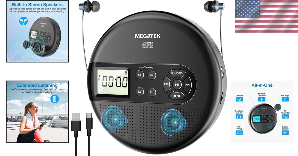 Portable Bluetooth CD Player for Car with FM Transmitter & Rechargeable Battery