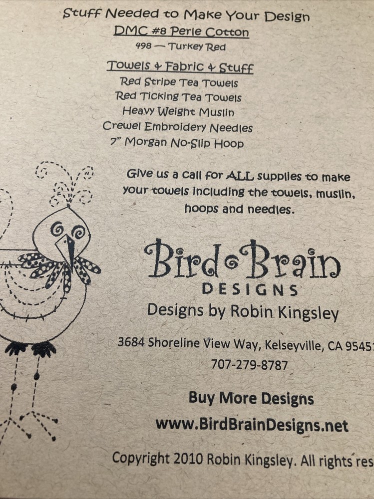 Bird Brain Traceable Embroidery Pattern - The Redwork Kitchen Towels
