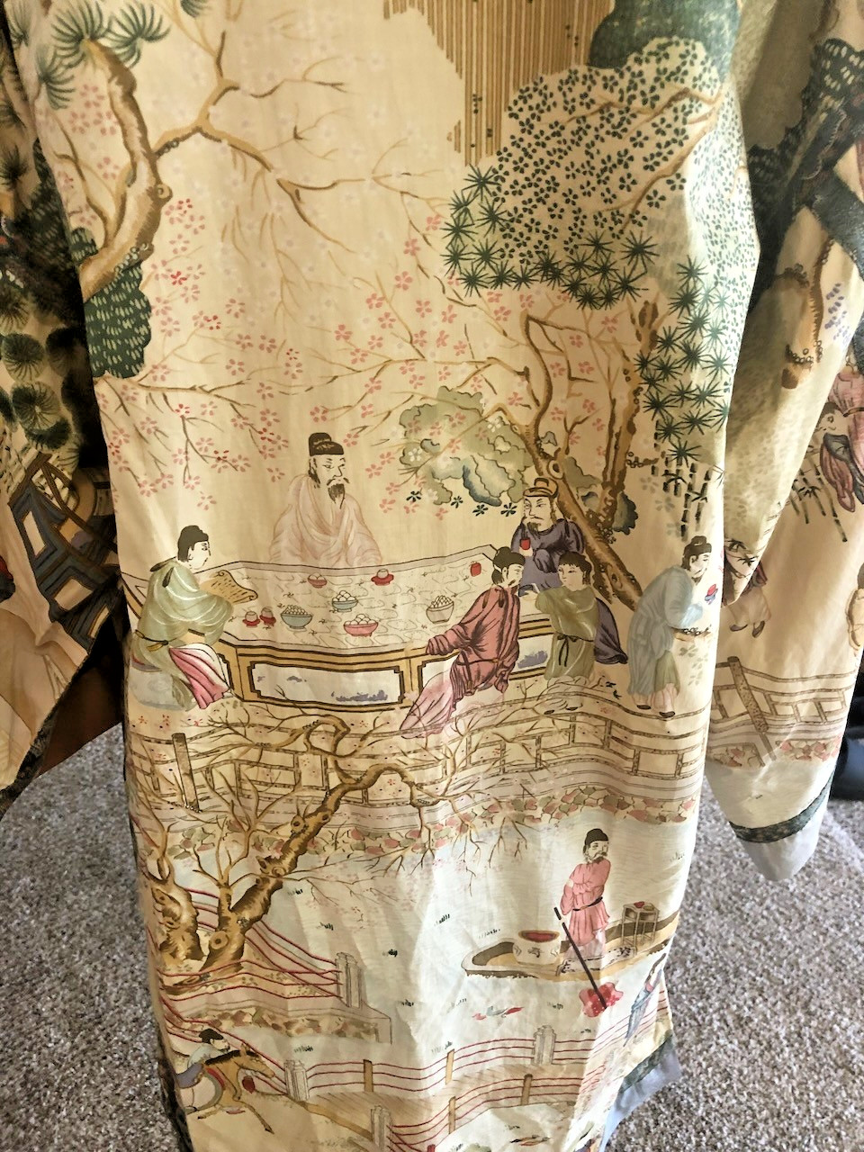 Handmade Cotton Kimono Robe with Obi Sash, Chinoiserie Print S