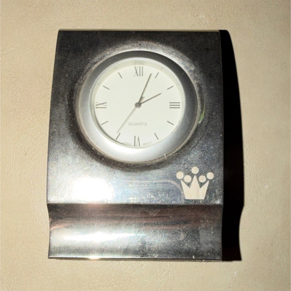 Silver Metal Rectangular Quartz Analog Desk Clock with Roman Numerals