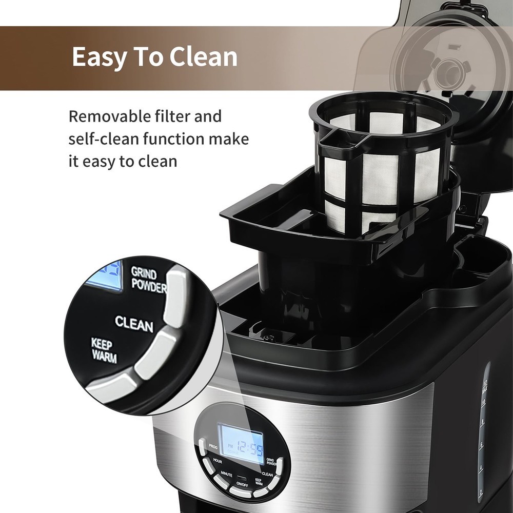 Coffee Maker with Grinder 12 Cups, Programmable Grind and Brew Coffee