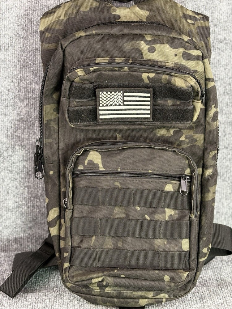 Tactical Backpack 1.5L Black Camo Carrier MOLLE w/ US Flag Patch EUC