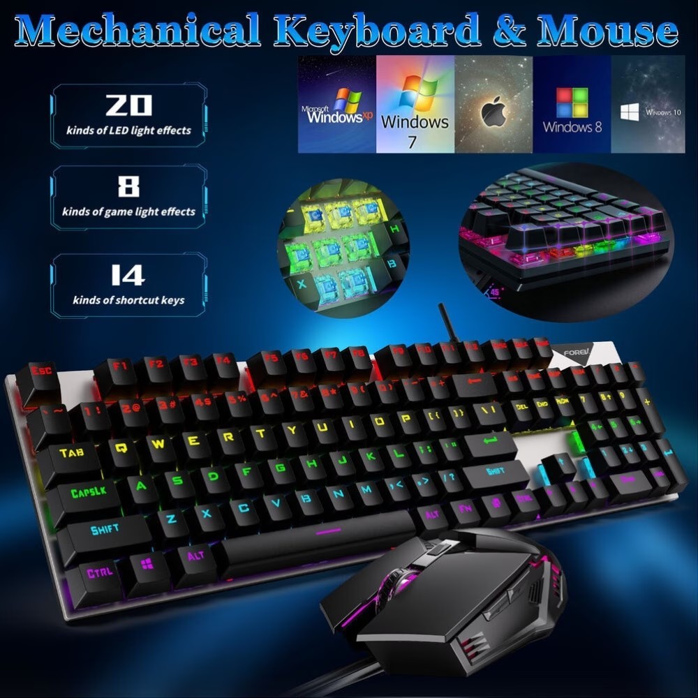 Rainbow LED Gaming Wired Keyboard and Mouse Set Multi-Colored Backlight Mouse