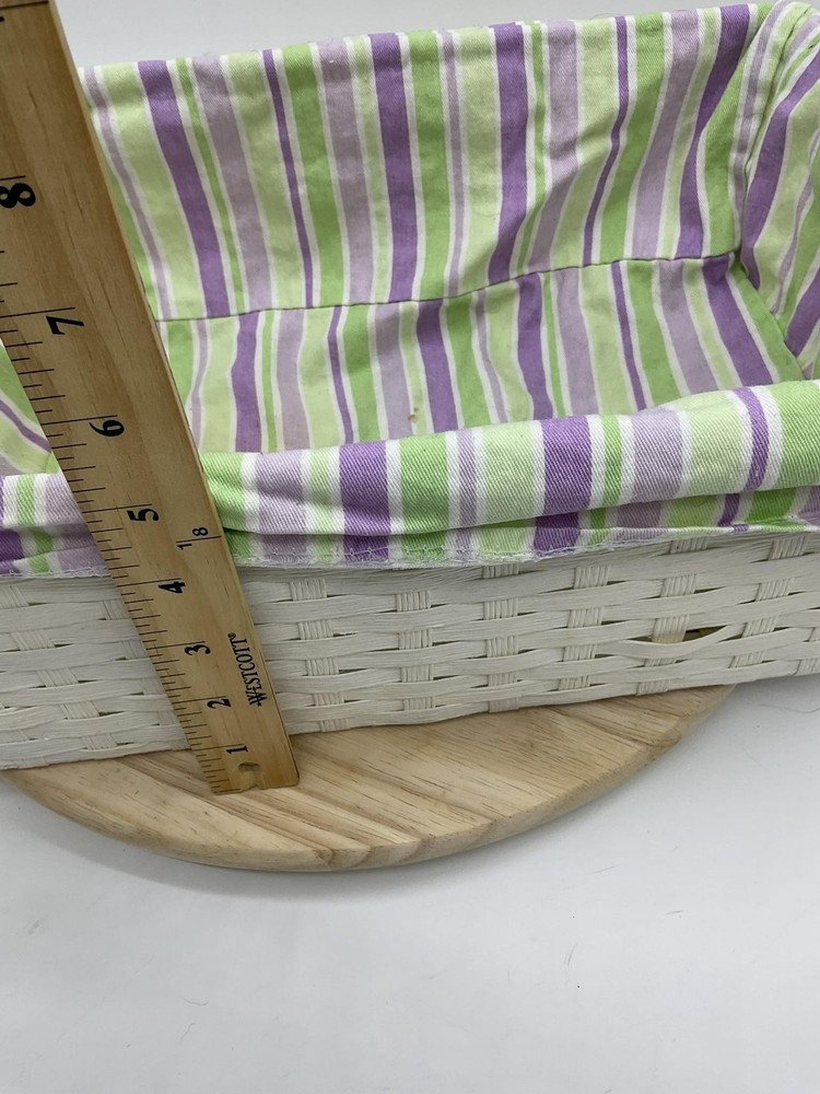 White Wicker Rectangular Basket Handle Lined Striped Fabric Insert Storage Tray