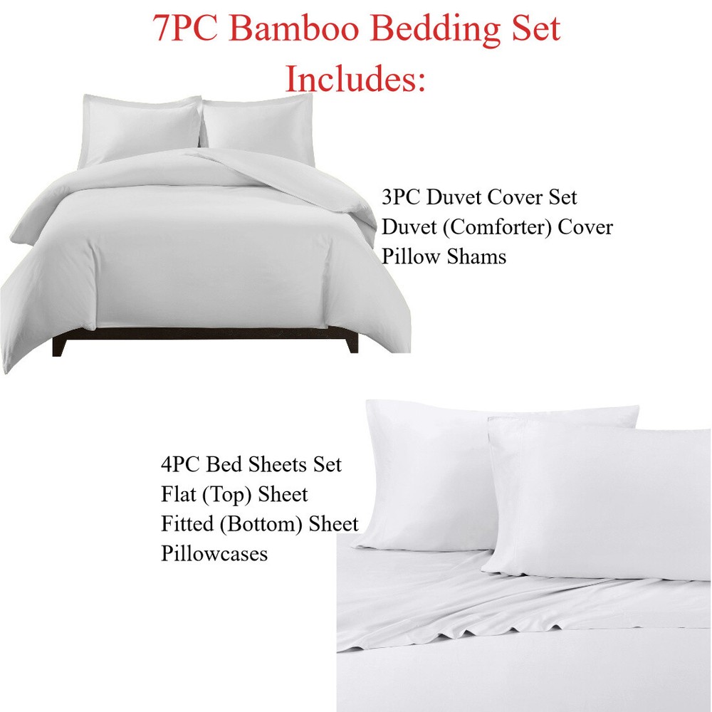 Solid Bamboo Viscose 7PC Bedding Set- Duvet Cover and Shams with Bed Sheets