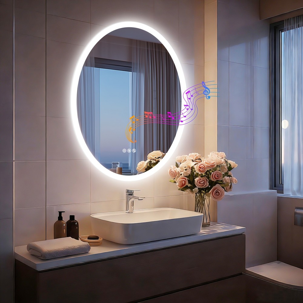 Oval LED Bathroom Bluetooth Mirror Touch Antifog Memory 3 Color Light Adjustable