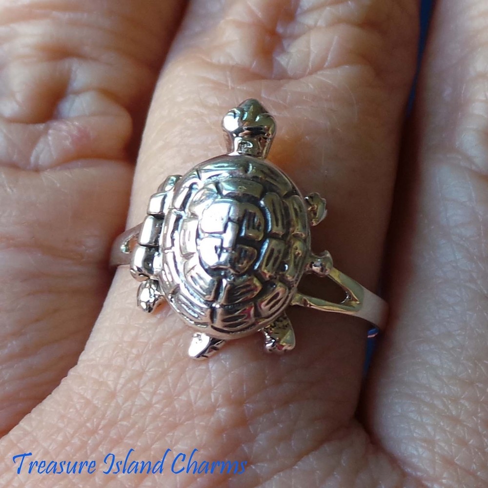 Turtle 925 Solid Sterling Silver Poison Pill Box Ring Opens Size 6 7 8 9 Opens