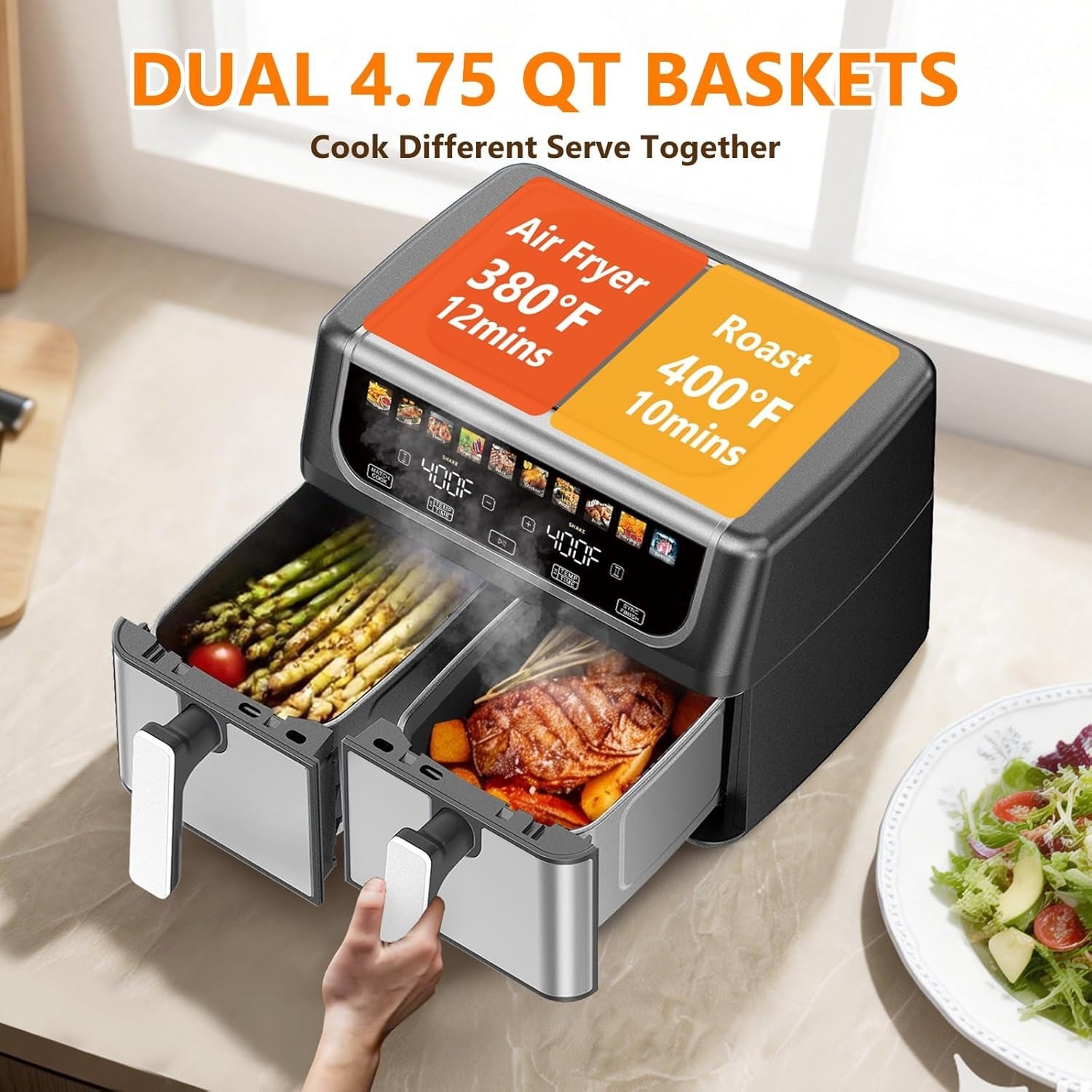 Dual Basket Air Fryer 9.5 Quart Large Air Fryer with Double Basket TEMP Control