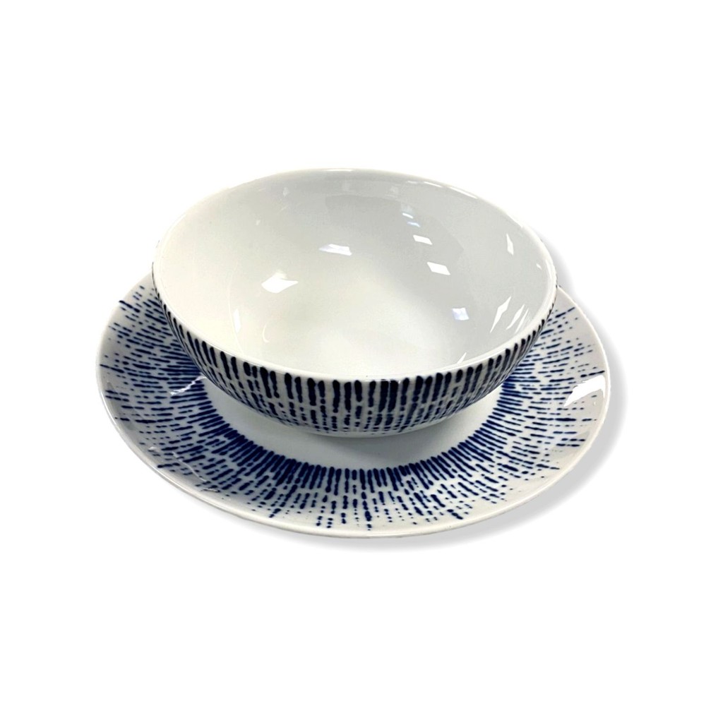 $130 NEIMAN MARCUS 8-Piece Blue White Drizzle Dinnerware Set