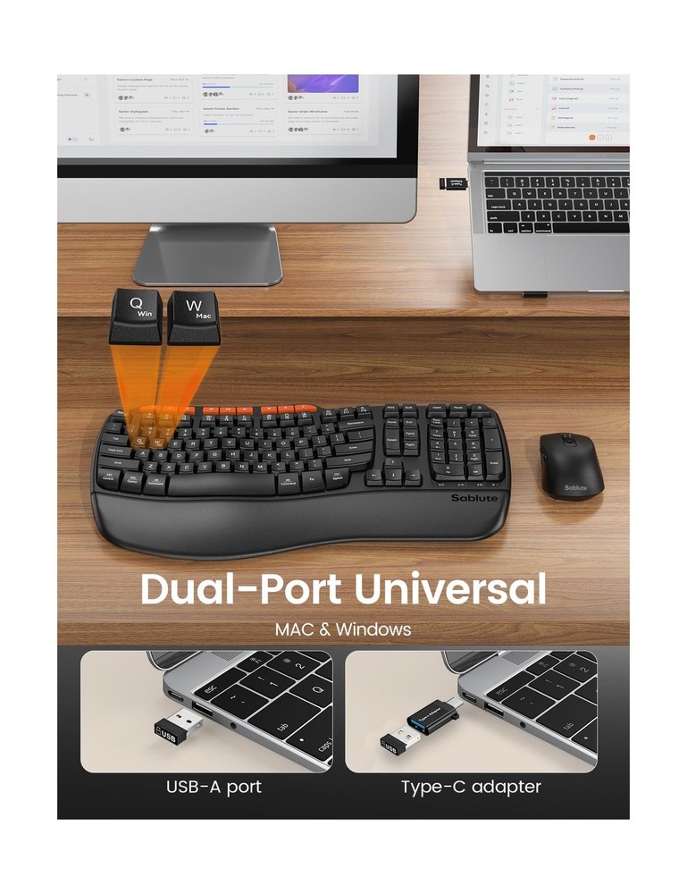 Ergonomic Wireless Keyboard & Mouse Combo USB-A & C Dongle Laptop/Mac Compatible