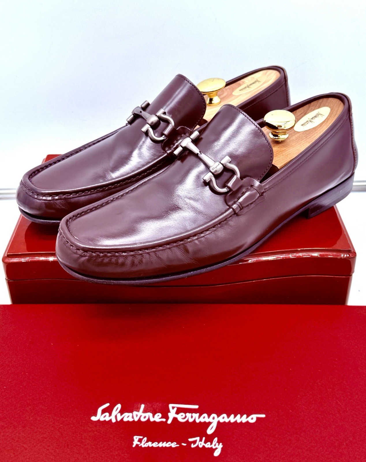 Ferragamo Mens Brown Loafers 9.5 Wide Gancini Horse Bit Leather Luxe Shoes