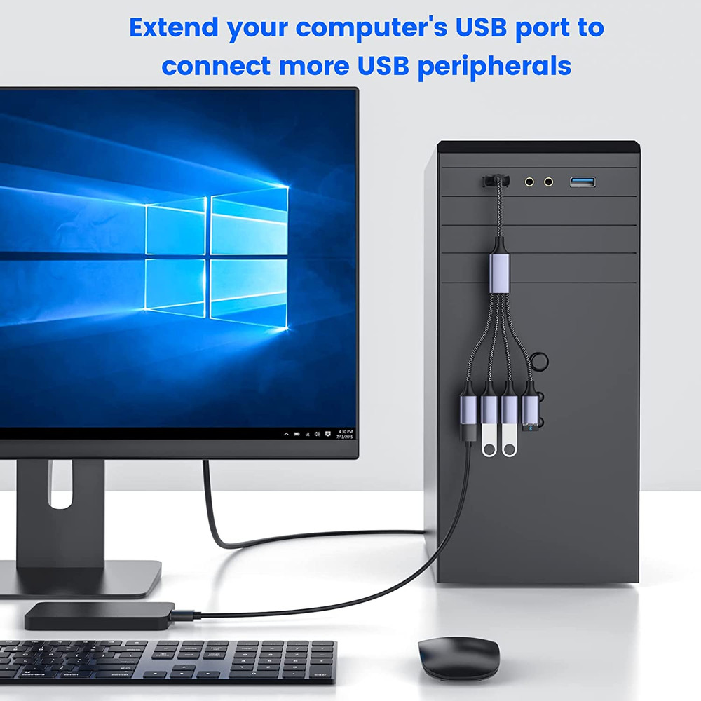 USB Splitter, 4-Port USB 2.0 Electronic Adapter, Multi-Socket USB Hub for Data T