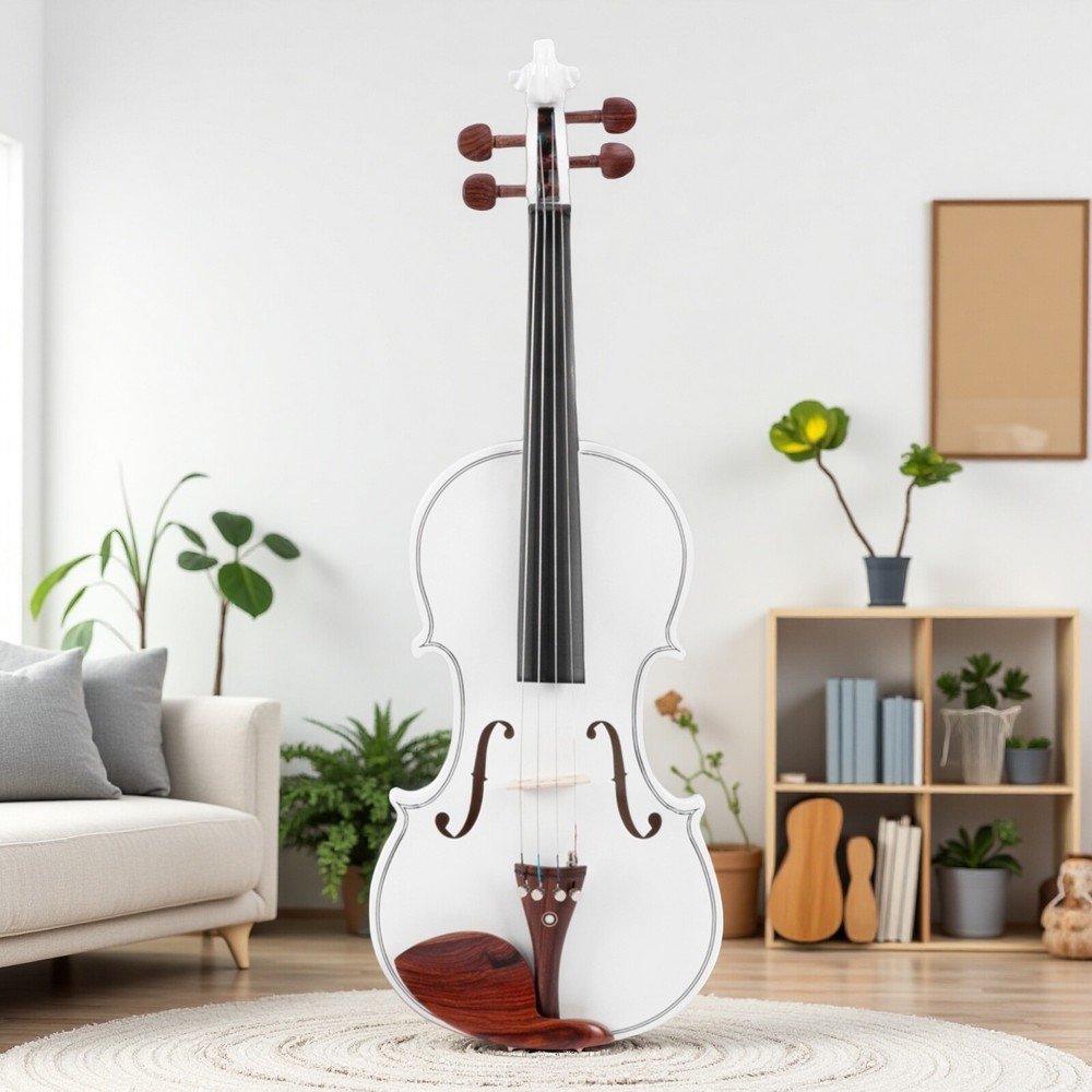 4/4 Solid Spruce Top Acoustic Beginner Violin Set - Tuner, White, Shoulder Rest